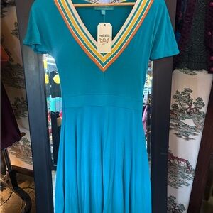 Retro Inspo V-Neck Short Sleeve Fit & Flare Dress with Striped Trim